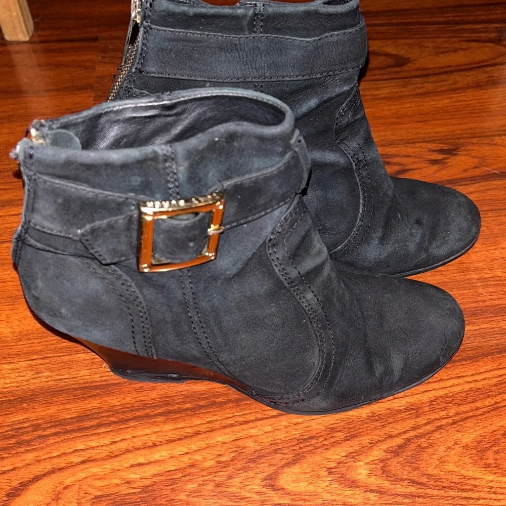 Tory Burch Deanna Black Suede Ankle Booties with Gold Buckle Sz 9 1/2
